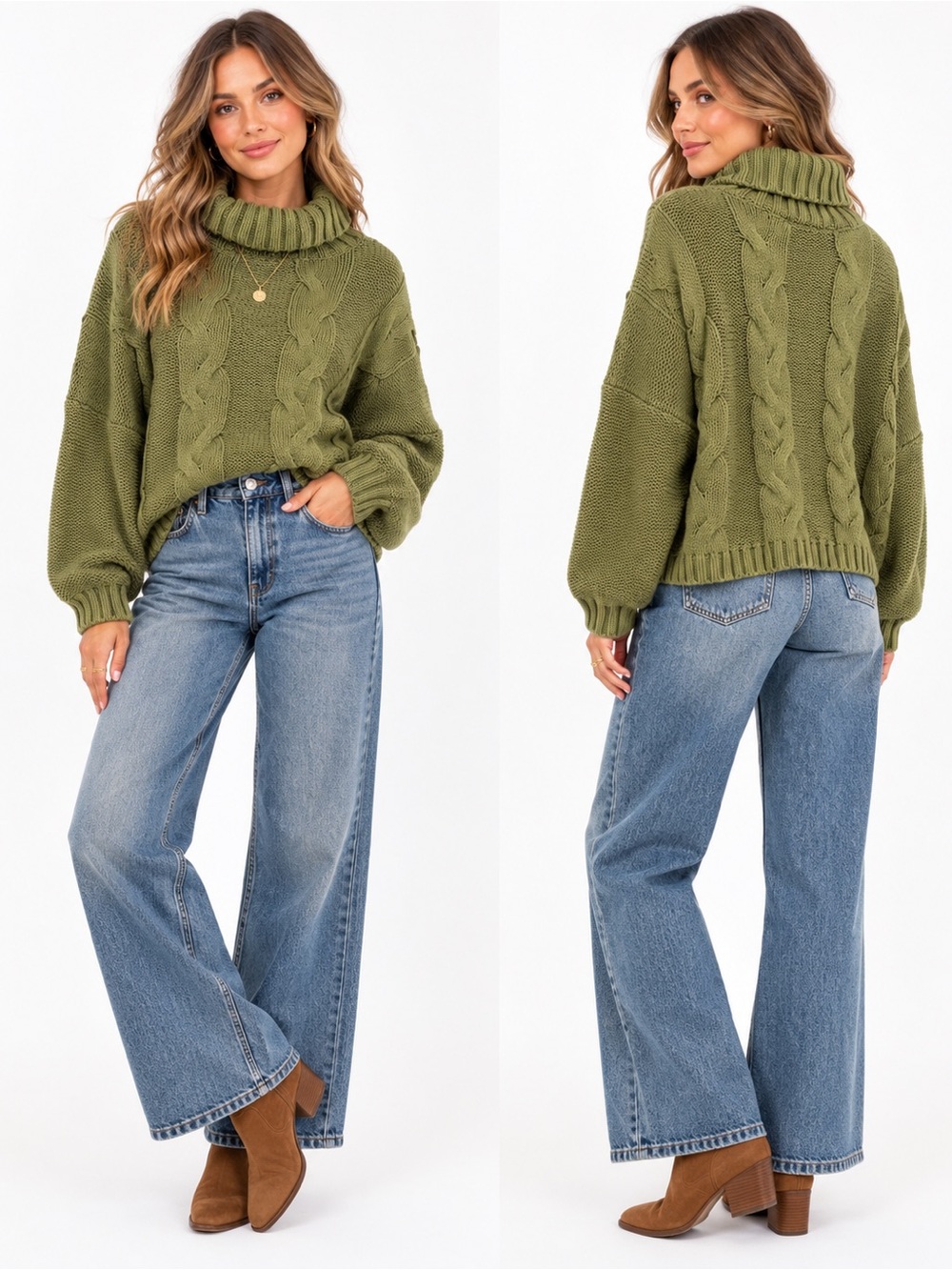 Olive Green Cable Knit Turtleneck Sweater XL Chunky Cozy Boho